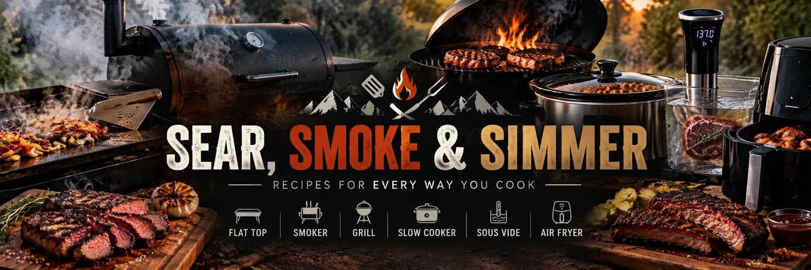 Sear, Smoke & Simmer: recipes for every way you cook. Flat top, smoker, grill, slow cooker, sous vide and air fryer.